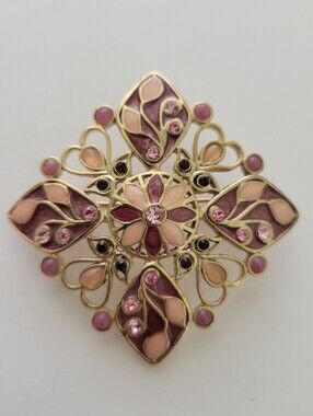 Vintage Pink & Rose Enamel Rhinestones Square Brooch Pin 1.5"  Gold Plated
